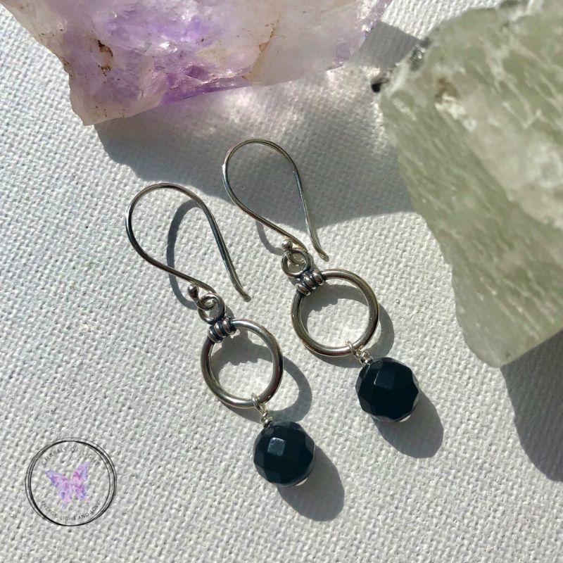 Black Onyx Silver Hoop Drop Earrings